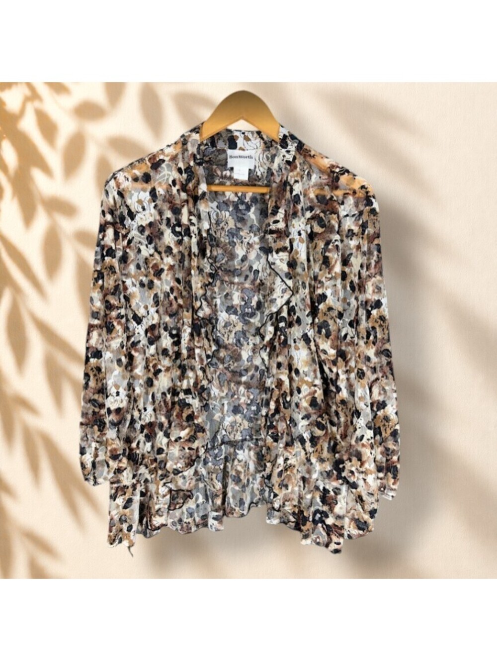 BonWorth Top Women PL Petite Brown Colorblock Open Front Long Sleeve Casual
